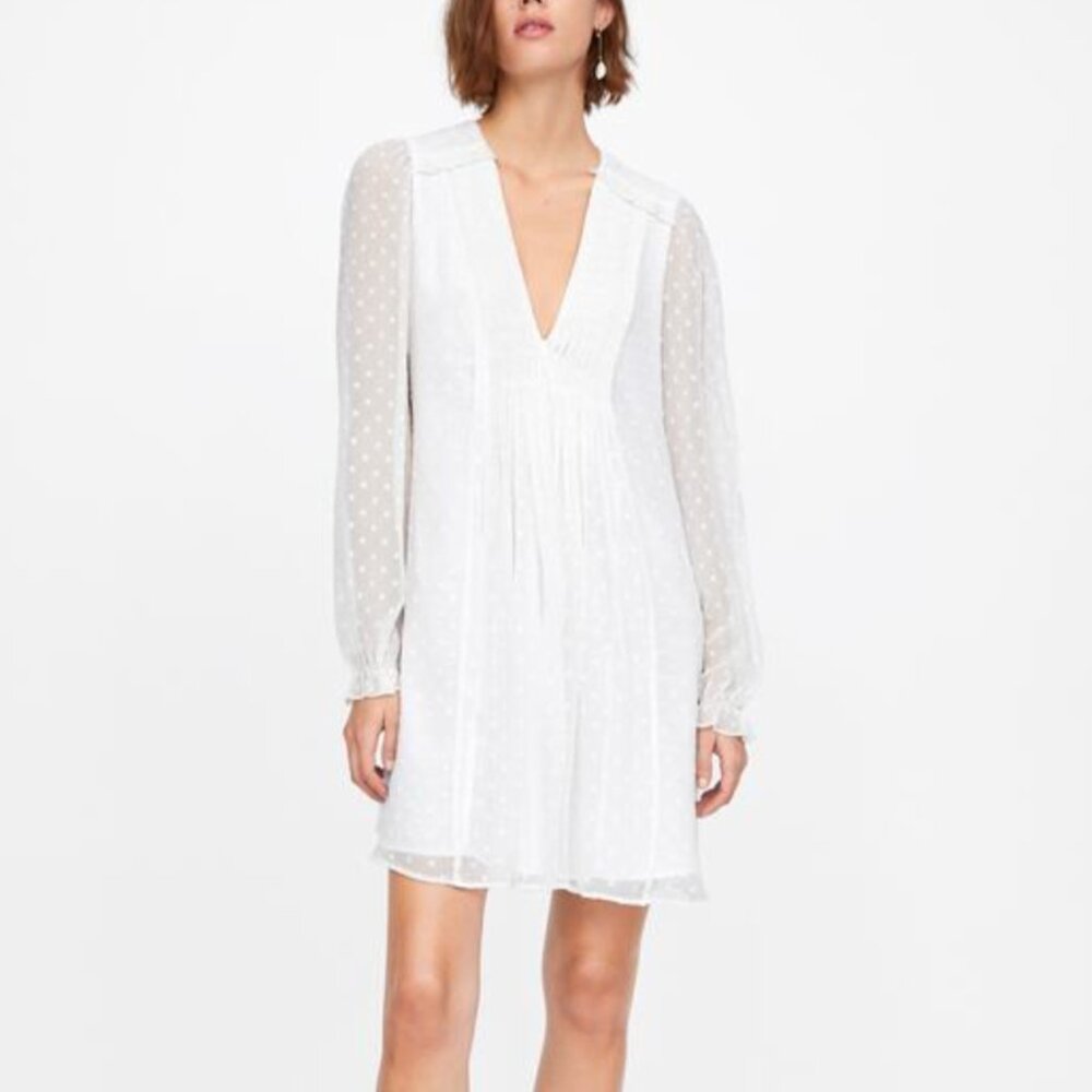 NWT Zara Flowy Sheer sleeve white dress with Swiss dots